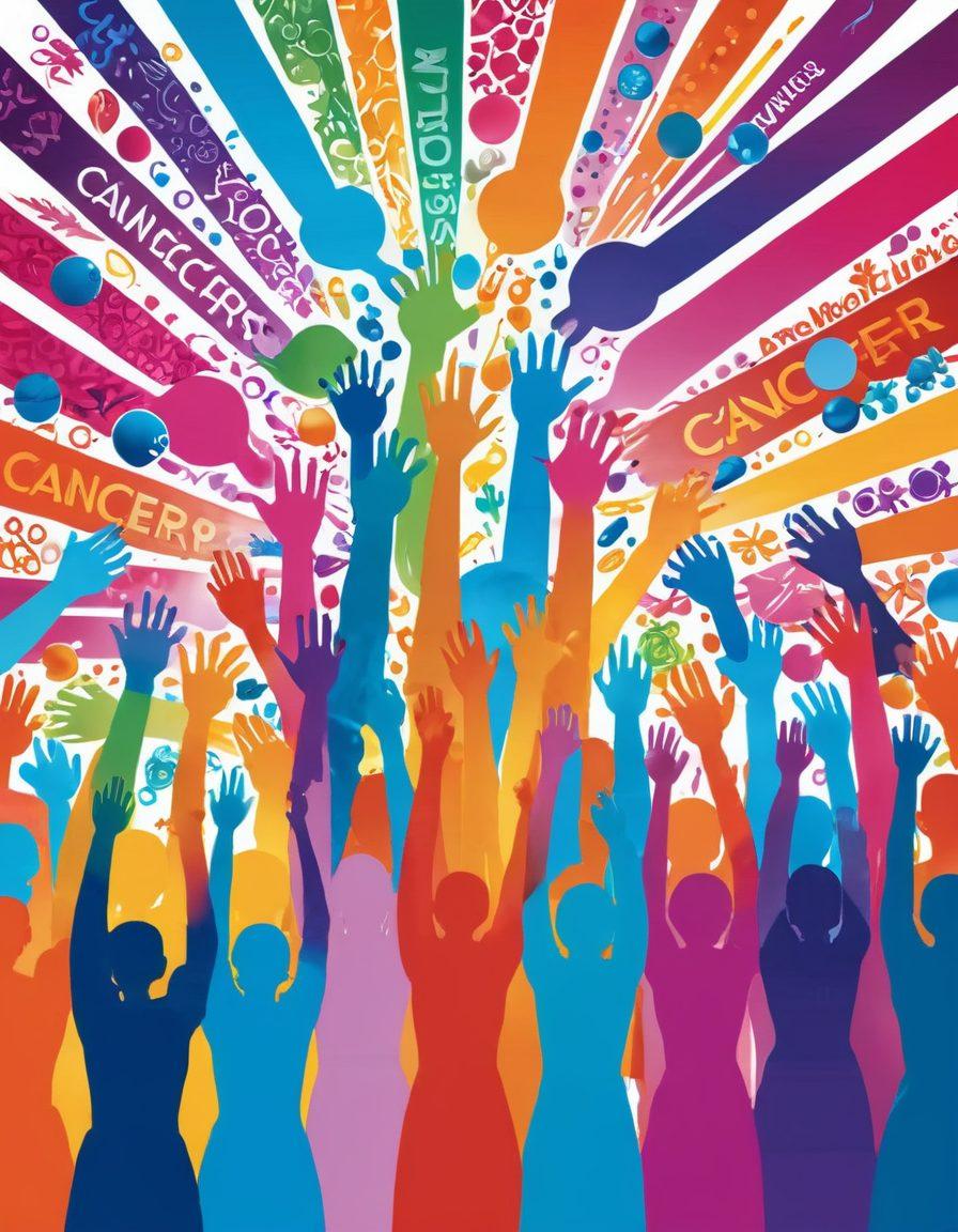 A powerful visual representation of a diverse group of people united against cancer, holding bright awareness banners in vibrant colors. The background should depict a symbolic battlefield with abstract representations of cancer cells, while rays of hope shine down from above. Include elements of medicine, like stethoscopes and pills, integrating them into the design. The overall mood should be empowering and hopeful. super-realistic. vibrant colors. white background.