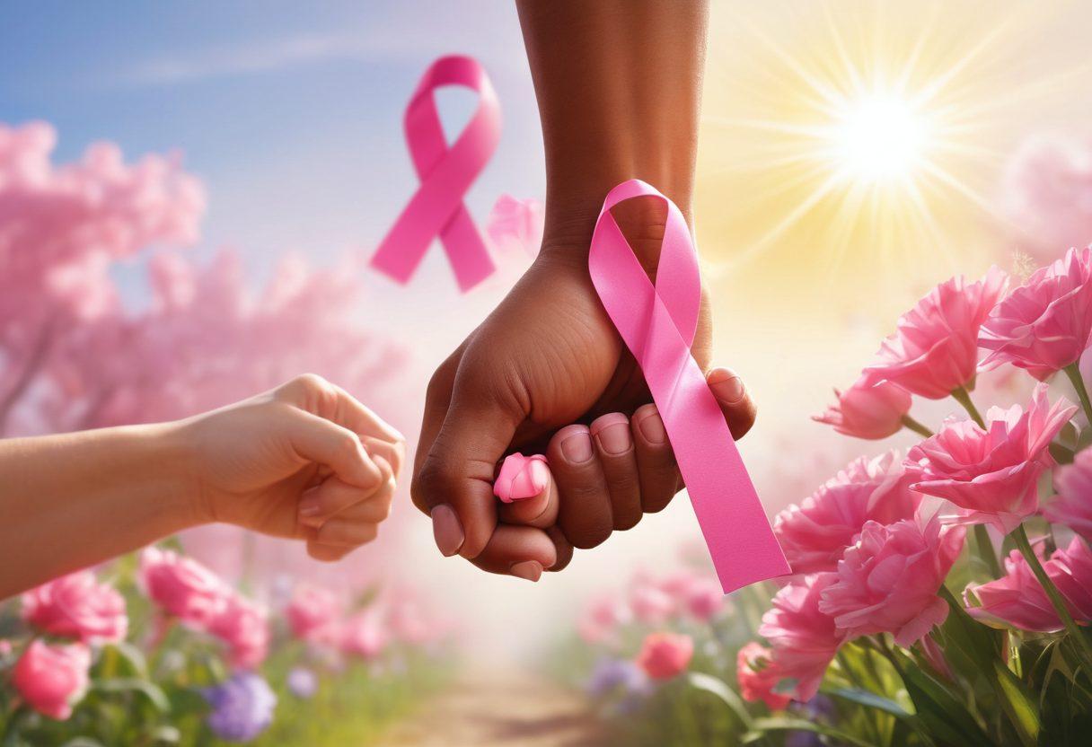 A powerful fist breaking through a pink cancer awareness ribbon, symbolizing strength and resilience. In the background, diverse people of various ages and ethnicities are coming together, holding hands in solidarity. Bright sunlight streams down, creating a hopeful atmosphere with flowers blooming around them. The foreground showcases a vibrant, expressive color palette reflecting positivity and empowerment. 3D, vibrant colors, super-realistic.