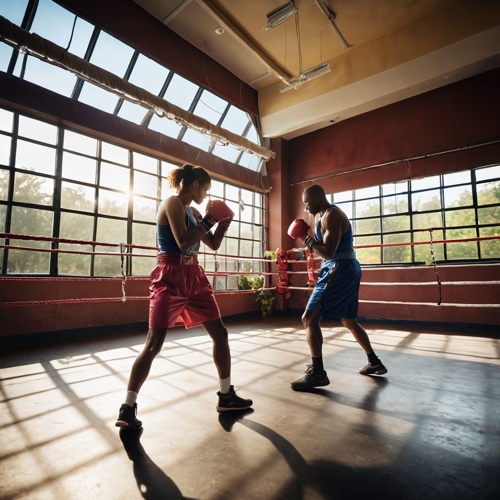 A fierce boxing match taking place in a vibrant gym, with a cancer awareness ribbon subtly intertwined into the ropes of the boxing ring. Showcase a diverse group of fighters, emphasizing strength and determination, while fresh fruits and vegetables are artistically arranged around the ring to symbolize healthy living. Bright sunlight pours through large windows, creating an uplifting atmosphere. super-realistic. vibrant colors. dynamic composition.